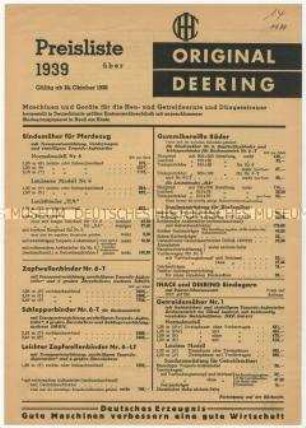 Preisliste über landwirtschaftliche Maschinen der Firma Deering International Harvester Company