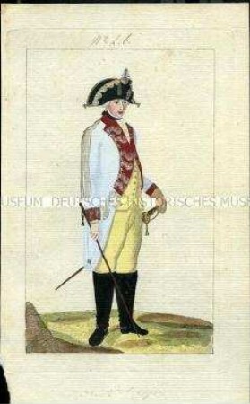 Uniformdarstellung, Offizier des Kürassier-Regiments K 2 in Gala-Uniform, Königreich Preußen, 1789, Tafel aus: Horvath: Preussische Armee-Uniformen unter der Regierung Friedrich Wilhelm II.