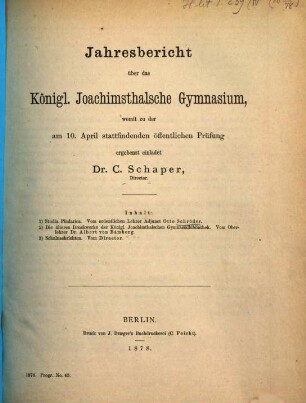 Jahresbericht über das Königl. Joachimsthalsche Gymnasium : für das Schuljahr ..., 1877/78