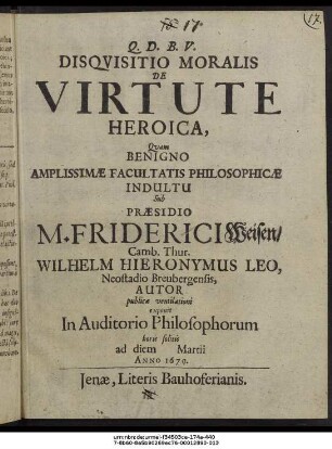 Disquisitio Moralis De Virtute Heroica