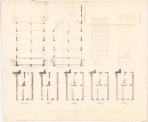 Viergeschossiges städtisches Wohnhaus, dreiachsig: Grundrisse, Schnitte, Ansicht