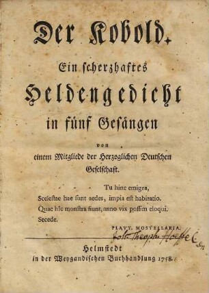 Der Kobold : ein scherzhaftes Heldengedicht in fünf Gesängen