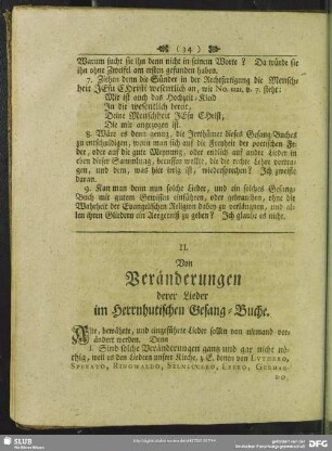 II. Von Veränderungen derer Lieder im Herrnhutischen Gesang-Buche