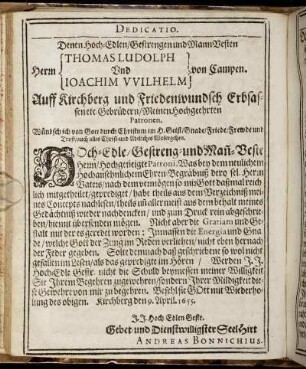 Denen Hoch-Edel, Gestrengen und Mann Vesten Herrn Thomas Ludolph von Campen und Herrn Joachim Wilhelm von Campen [...]