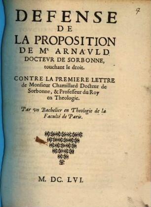 Defense de la Proposition touchant le droit contre la premiere Lettre de M. Chamillard