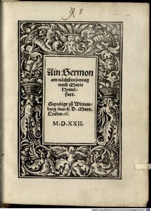 Ain Sermon am nächsten sontag nach Marie Hymelfart : Gepredigt zu Wittemberg