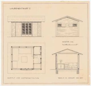 Laube: Grundriss, Ansicht, Seitenansicht, Querschnitt 1:20