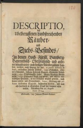 Descriptio, deß ubelberuffenen Landstreichenden Räuber- und Diebs-Gesindes : In denen Hoch-Fürstl. Bamberg-Bayreuthisch-Oberpfältzisch- und anderer benachbarten- auch hiesigen Nürnbergischen Landen, welches, nach Anzeige der hier, in puncto Roboriæ & Furti, verhafften Johann Döbels, vulgò Schlossers, Thomä Oßmanns, Johann Friderich Bauers, Elisabethae Brücknerin, vulgò Bayersdorffer Ließel, Maria Barbara Braitnerin, vulgò Schwaben Dicke von Plech, und anderer verdächtigen Personen, so viel dermalen möglich gewesen, nach denen rechten- und Spitznähmen, Statur, Kleidung und pro forma treibenden Gewerbs, beschrieben worden, und man also hierdurch in öffentlichen Druck hat kommen lassen wollen