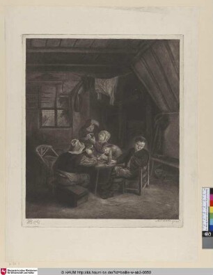 [Bauernstube mit fünf Figuren um einen Tisch; Peasant interior with five figures]