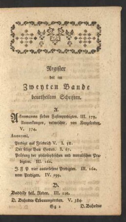 Register der im Zweyten Bande beurtheilten Schriften