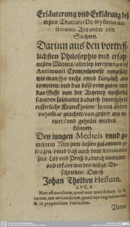 Erläuterung und Erklärung dess ersten Tractate/De Mysteriis Antimonii Alexander von Suchten.