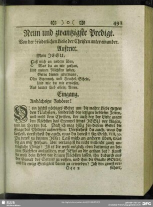 Neun und zwantzigste Predigt. Von der brüderlichen Liebe der Christen unter einander