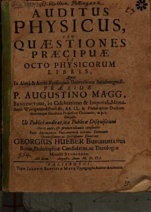 Auditus Physicus, Seu Quaestiones Praecipuae Ex Octo Physicorum Libris
