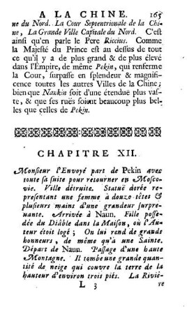 Chapitre XII (XIV). Monsieur l'Envoyé part de Pekin avec toute sa suite pour retourner en Moscovie. Ville detruite. Statue dorée representant une femme à douze têtes & plusieurs mains d'une grandeur surprenante
