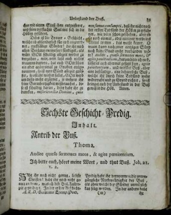 Sechste Geschicht-Predig. Inhalt. Antrib der Buß