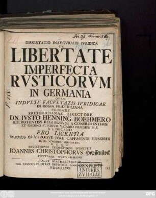 Dissertatio Inavgvralis Ivridica De Libertate Imperfecta Rvsticorvm In Germania