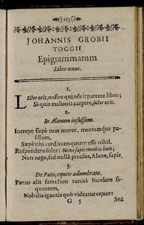 Johannis Grobii Toggii Epigrammatum Liber unus.
