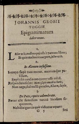 Johannis Grobii Toggii Epigrammatum Liber unus.