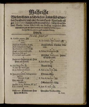 Nachricht Wie bey itzigen gefährlichen Zeiten sich iedweder Haußvater mit einer kleinen Hauß-Apothecke [...] versehen [...