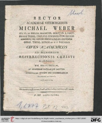 Rector Academiae Vitebergensis ... cives academicos ad memoriam resurrectionis Christi ... pie concelebrandam invitat