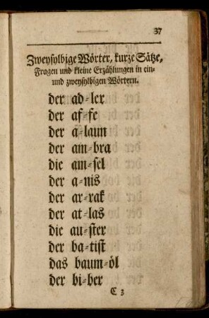 Zweysylbige Wörter, kurze Sätze, Fragen und kleine Erzählungen in ein- und zweysylbigen Wörtern.