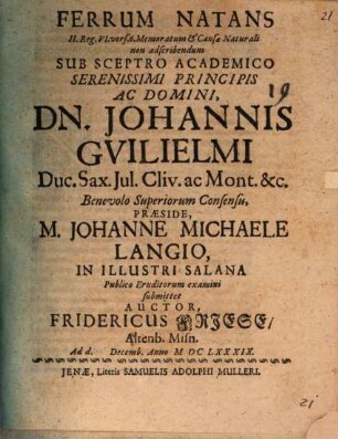 Ferrum Natans : II. Reg. VI. vers. 6. Memoratum & Causae Naturali non adscribendum