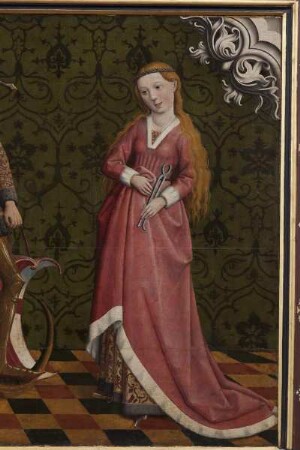 Passionsaltar — Madonna mit fünf Heiligen — Rechter Flügel: Georg, Apollonia und Cäcilia — Heilige Apollonia