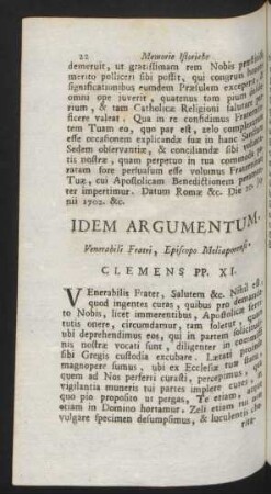 Idem Argumentum. Venerabili Frati, Episcopo Meliaporensi. Clemens PP. XI.