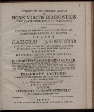 Dissertatio Inauguralis Medica De Signis Mortis Diagnosticis Dubiis Caute Admittendis Et Reprobandis