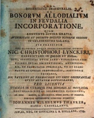 Diss. inaug. de bonorum allodialium in feudalia incorporatione