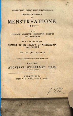 Diss. inaug. physiol. sistens nonnulla de menstruatione