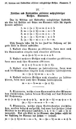 IV. Addition und Subtraktion absoluter mehrgliedriger Größen. Klammern.