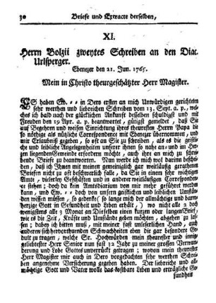 XI. Herrn Bolzii zweytes Schreiben an den Diac. Urlsperger.