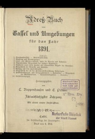 Jg. 58.1891: Adreß-Buch von Cassel und Umgebungen : für das Jahr 1891