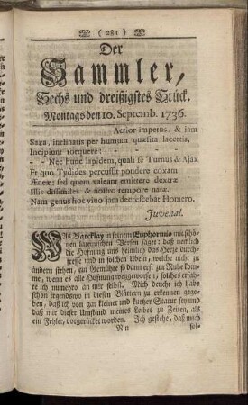 Sechs und dreißigstes Stück. Montags den 10. Septemb. 1736.
