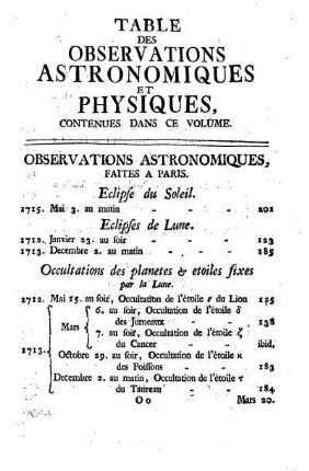 Table des Observations astronomiques et physiques, contenues dans ce volume.