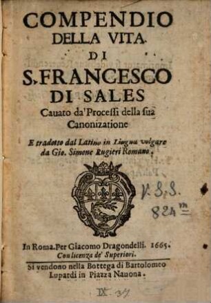 Compendio della vita di S. Francesco di Sales ...