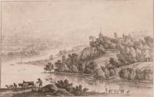 Flußlandschaft mit Schlössern, im Vordergrund Kühe und Hirten