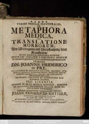 Theses Medicæ Inaugurales, De Metaphora Medica, Seu Translatione Morborum,