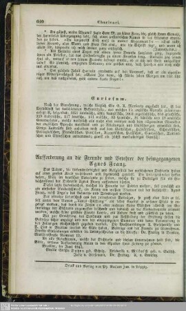 Aufforderung an die Freunde und Verehrer der heimgegangenen Agnes Franz