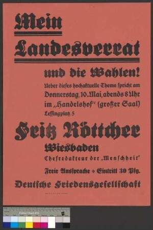 Plakat der Deutschen Friedensgesellschaft (DFG) zu einer Wahlversammlung am 10. Mai 1928 in Braunschweig