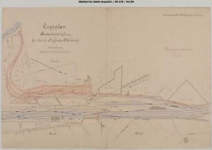 Siegburg, Bahnhof: Lageplan RSE-Bahnhof mit Strecke bis zur Siegbrücke, Staatsbahnhof (tlw.). Nicht ausgeführte Planung. Fragment
