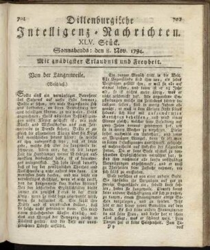 XLV. Stück. Sonnabends: den 8. Nov. 1794.