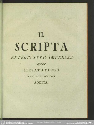 II. Scripta Exteris Typis Impressa Nunc Iterato Prelo Huic Collectioni Addita