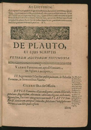 De Plauto, Et Eius Scriptis Veterum Auctorum Testimonia