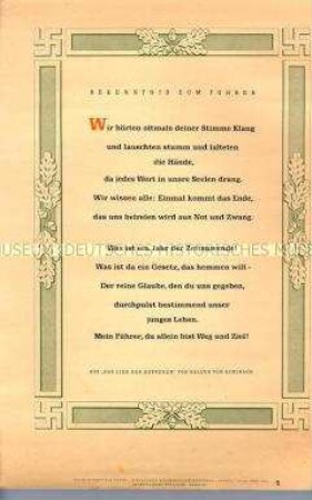 Schmuckblatt "Wochenspruch der NSDAP" mit einem Ausschnitt aus dem "Lied der Getreuen" von Baldur von Schirach
