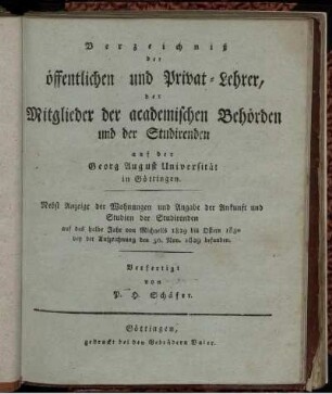 WS 1829/30: Verzeichniß der öffentlichen und Privat-Lehrer, der Mitglieder der academischen Behörden und der Studirenden auf der Georg-August-Universität in Göttingen