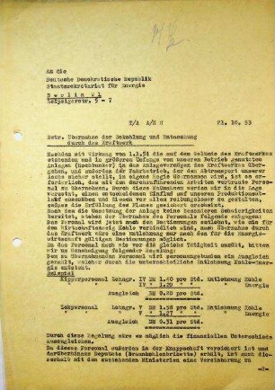 1.2.1 Zusammenarbeit VR Polen: Übernahme der Bekohlung und Entaschung durch das Kraftwerk, Personal