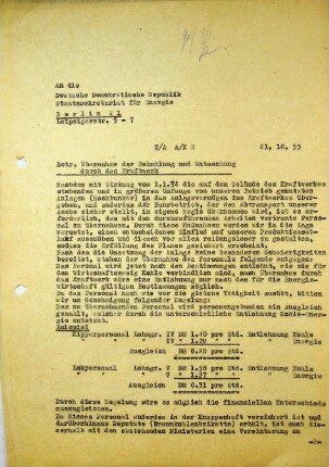 Übernahme der Bekohlung und Entaschung durch das Kraftwerk,                            Personal