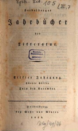 Heidelberger Jahrbücher der Literatur. 11,2 = H. 7/12. 1813